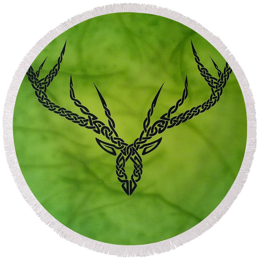 Celtic Knotwork Antlers Green Forest Antlers Deer Hunter Hunting Trees Branches Nature Cernunnos Round Beach Towel featuring the painting Herne by Guy Pettingell