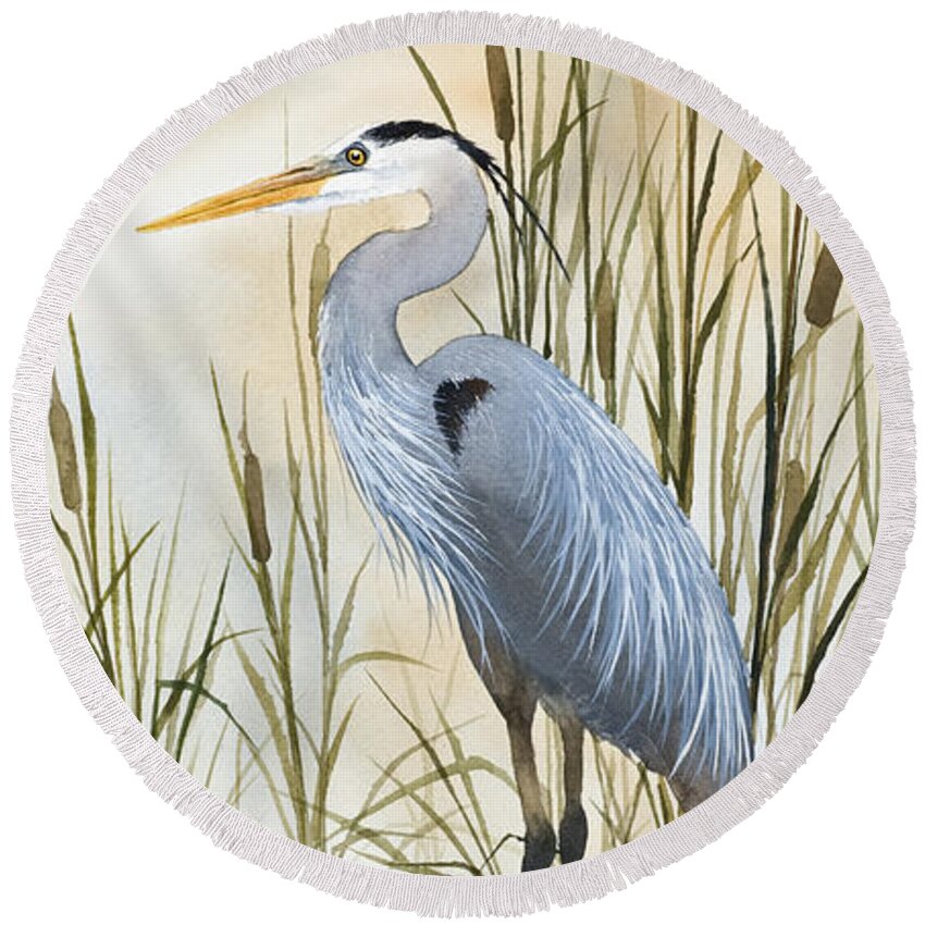 Heron Limited Edition Prints Round Beach Towel featuring the painting Heron and Cattails by James Williamson