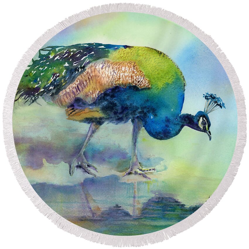 Peacock Round Beach Towel featuring the painting Hey Good Lookin by Amy Kirkpatrick