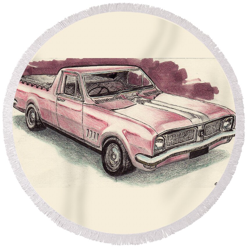 Holden Ute Australia Bathurst Aussie Pickup Car V8 Classic Red Round Beach Towel featuring the drawing Hg Holden ute by Guy Pettingell