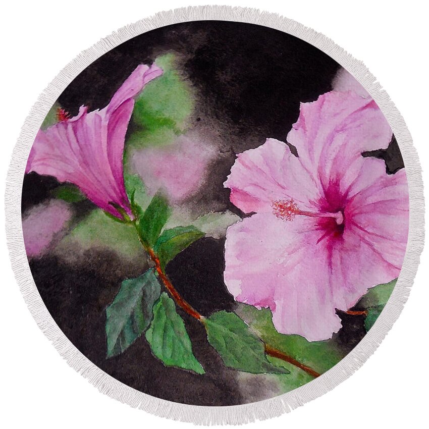 Flowers. Hibiscus Round Beach Towel featuring the painting Hibiscus - So Pretty in Pink by Sher Nasser
