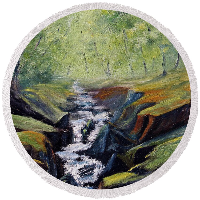 Waterfall Round Beach Towel featuring the painting Hidden Falls by Meaghan Troup