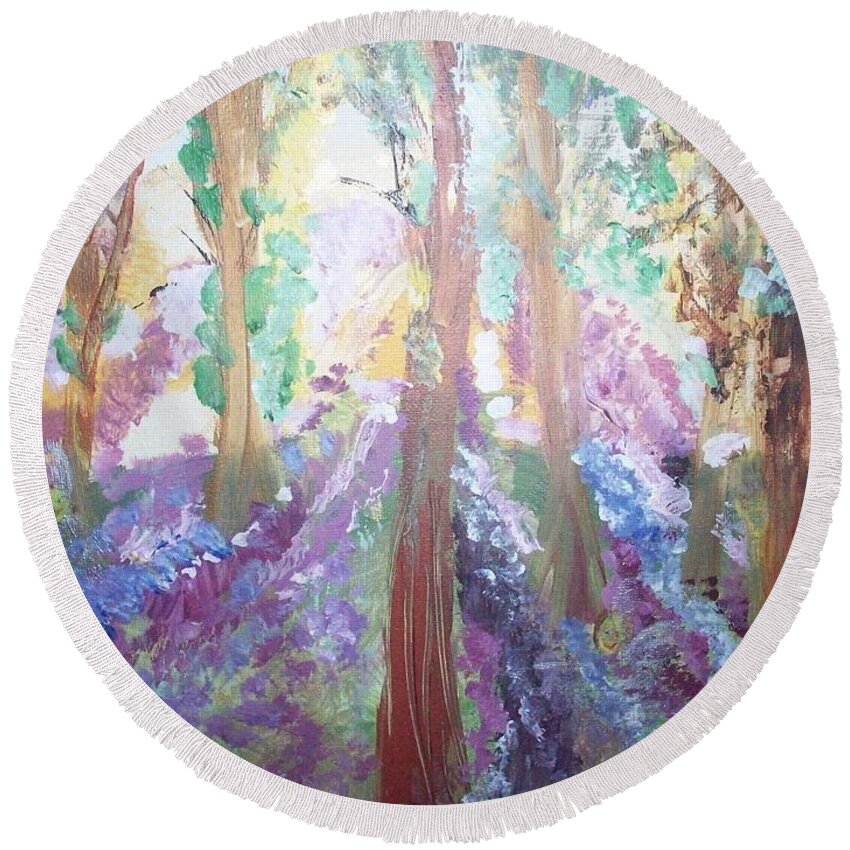 Trees Round Beach Towel featuring the painting Hidden Forest Fairies by Judith Desrosiers