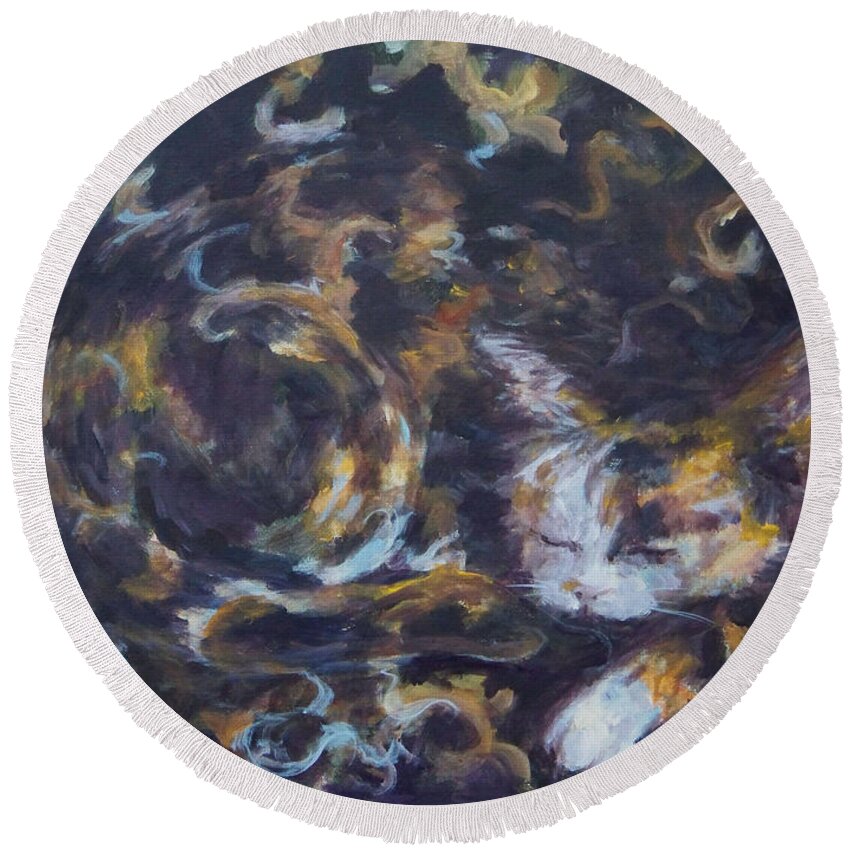 Cat Round Beach Towel featuring the painting Hide and Seek by Deborah Smith