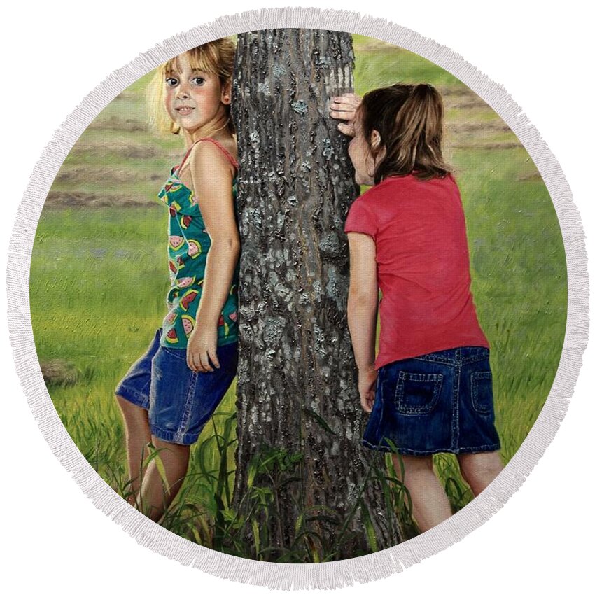 Children Playing Round Beach Towel featuring the painting Hide and Seek by Glenn Beasley