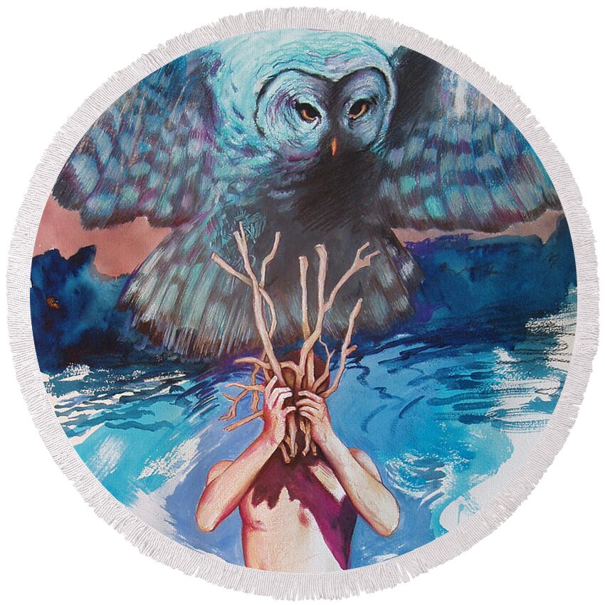 Owl Round Beach Towel featuring the painting Hide and Seek by Rene Capone