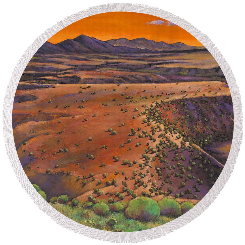 New Mexico Round Beach Towel featuring the painting High Desert Evening by Johnathan Harris