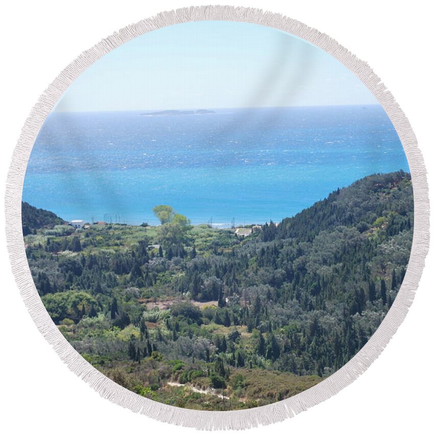 High View Round Beach Towel featuring the photograph High View Erikousa by George Katechis