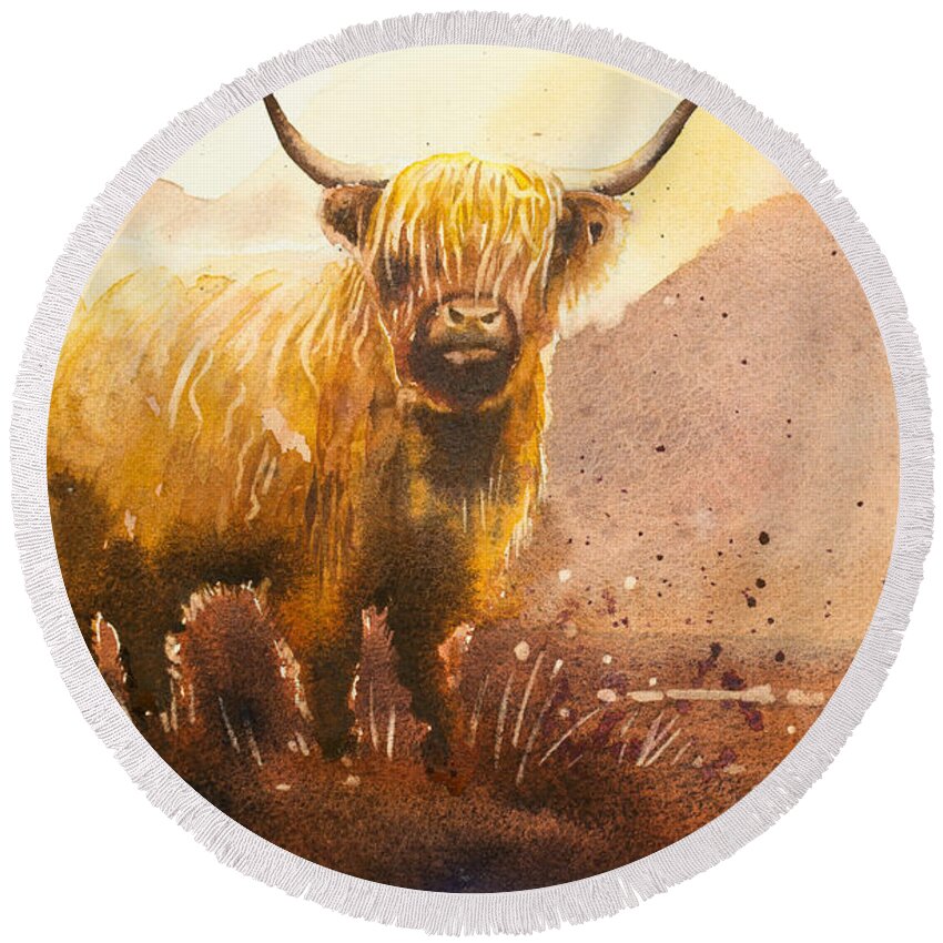 Highland Cow Round Beach Towel featuring the painting Highland Cow 2 by Paul Dene Marlor