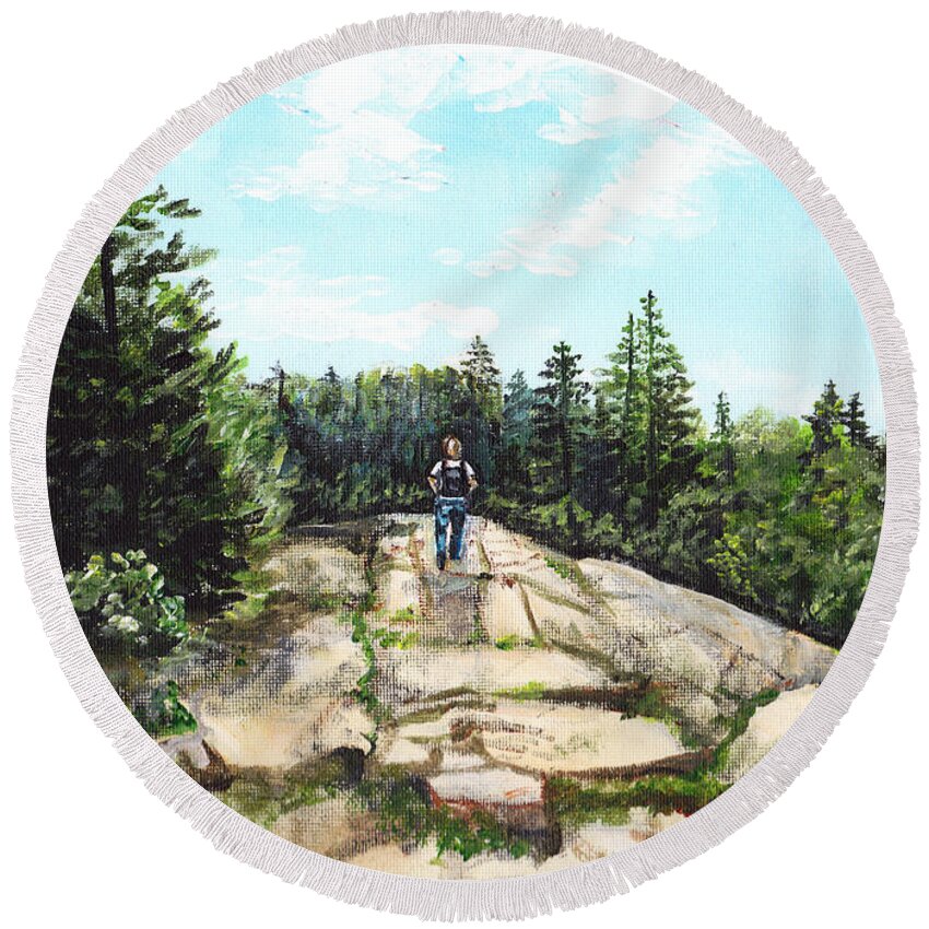 Acadia Round Beach Towel featuring the painting Hiking in Maine by Shana Rowe Jackson
