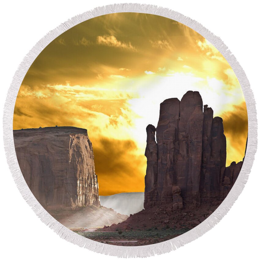 Monument Valley Round Beach Towel featuring the photograph HIs Hand from the ground up by Randall Branham