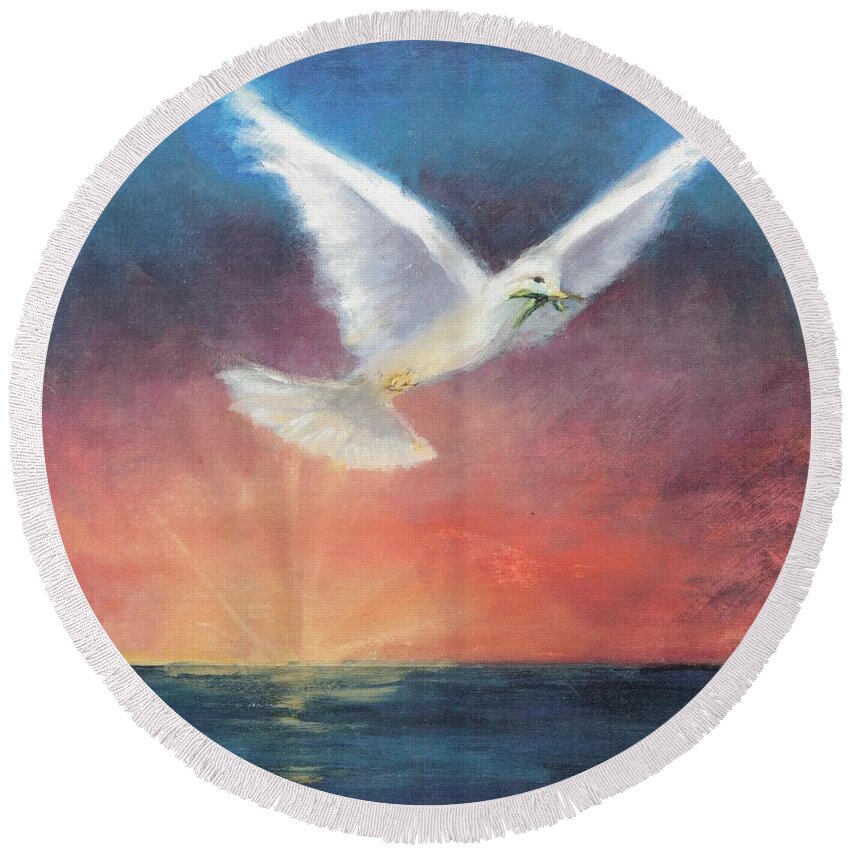 Spiritual Round Beach Towel featuring the painting The Wings of Peace by Maria Hunt