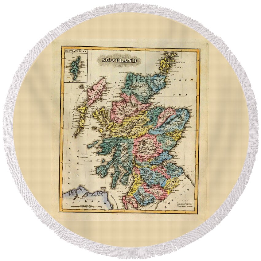 Historic Map Of Scotland By Fielding Lucas - 1817 Round Beach Towel featuring the painting Historic Map Of Scotland By Fielding Lucas - 1817 by MotionAge Designs