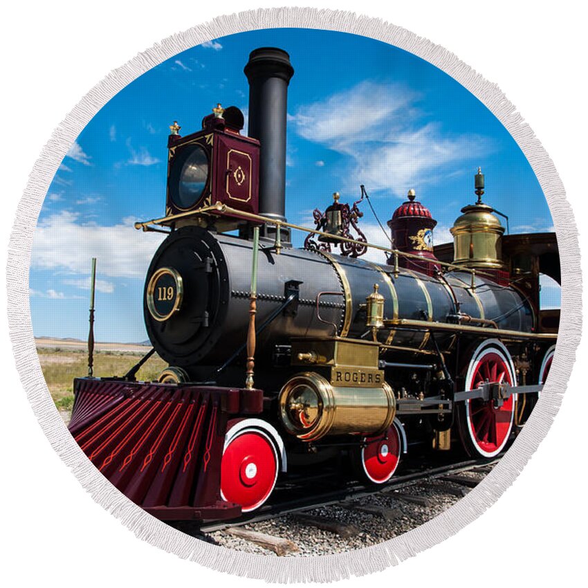 Historic Round Beach Towel featuring the photograph Historic Steam Locomotive - Promontory Point by Gary Whitton