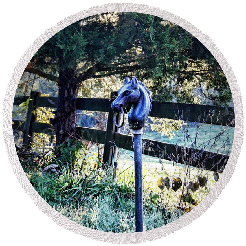 Hitching Post Round Beach Towel featuring the photograph Hitching Post by Cricket Hackmann