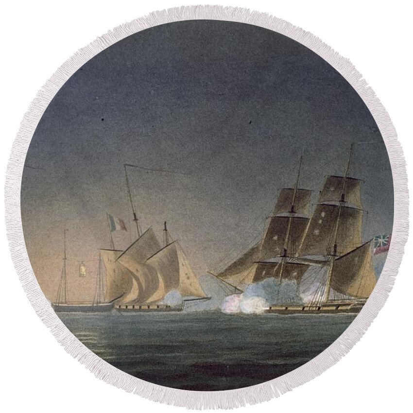Under Captain J Round Beach Towel featuring the drawing Hms Rinaldo Engaging Four French by Thomas Whitcombe