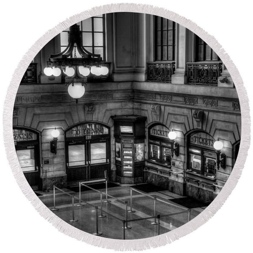 B&w Round Beach Towel featuring the photograph Hoboken Terminal Waiting Room by Anthony Sacco