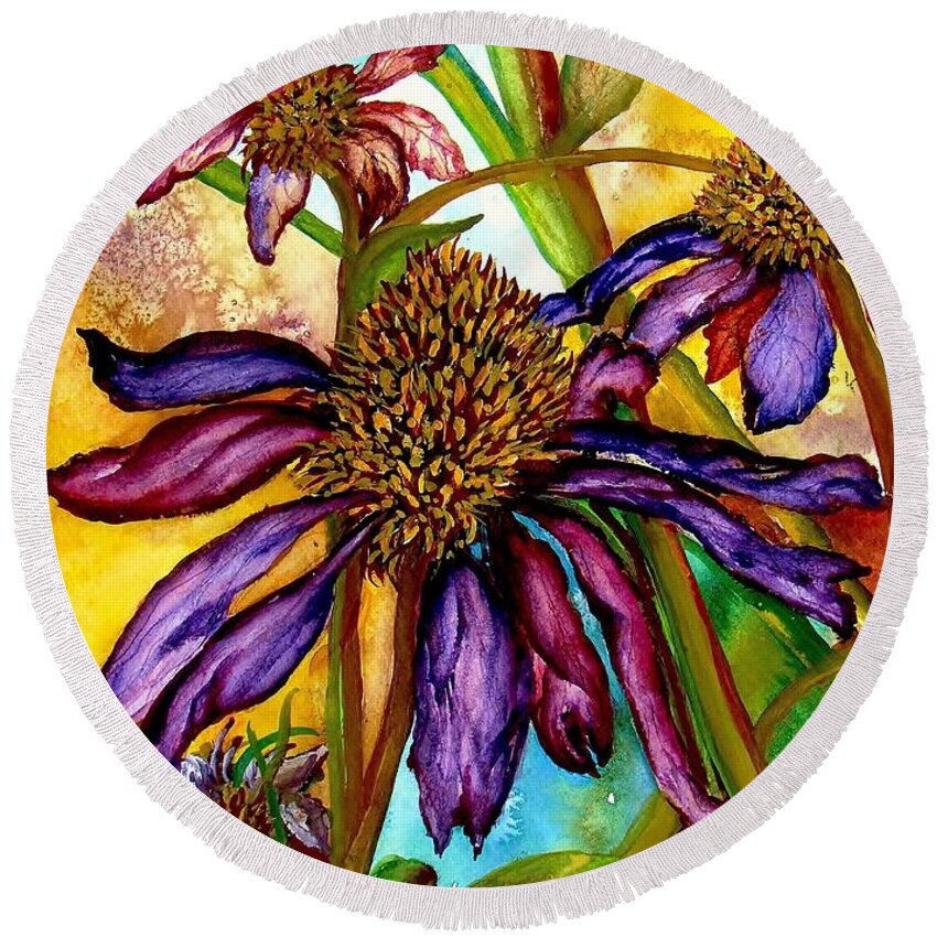 Coneflowers Round Beach Towel featuring the painting Holding On to Summer SOLD by Lil Taylor