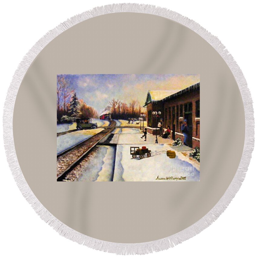 Train Round Beach Towel featuring the painting Holiday Depot 1932 by Susan Williams