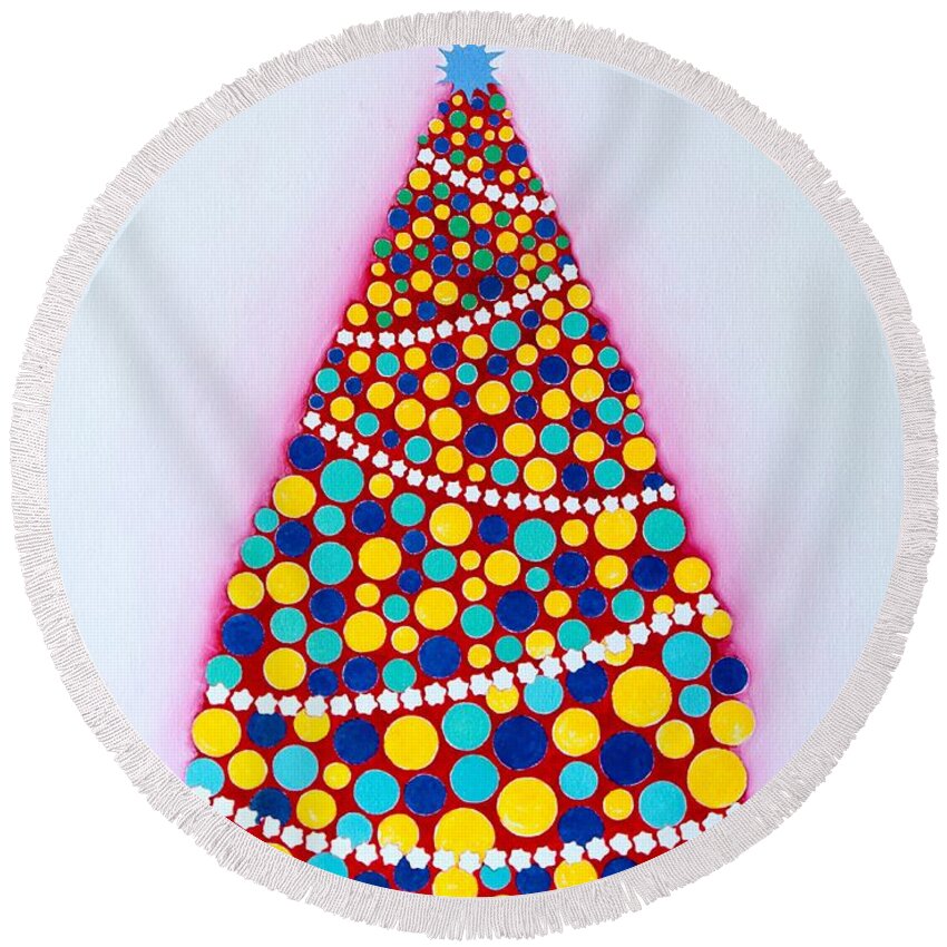 Christmas Tree Round Beach Towel featuring the painting Holiday Tree #3 by Thomas Gronowski