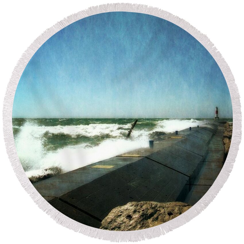 Lakes Round Beach Towel featuring the photograph Holland Harbor Breakwater by Michelle Calkins