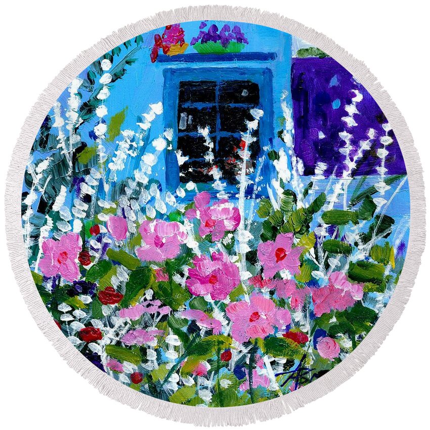 Flowers Round Beach Towel featuring the painting Hollyhock Alley by Adele Bower