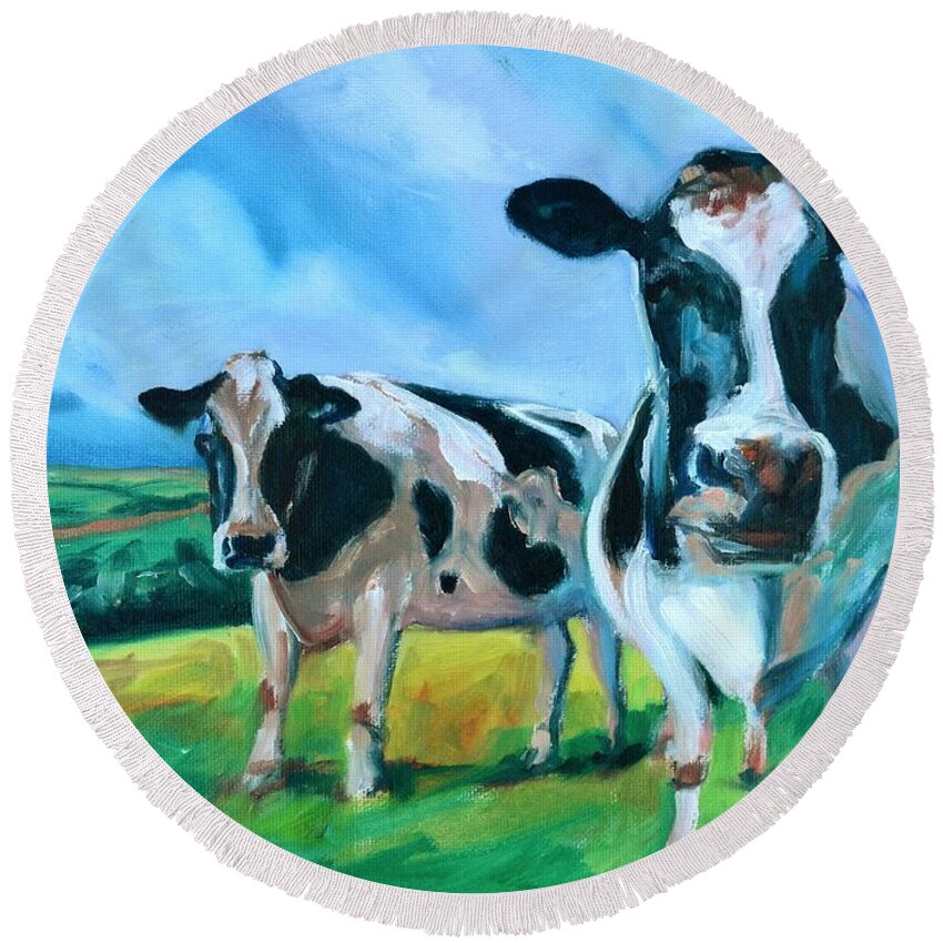Donna Tuten Round Beach Towel featuring the painting Holstein Amoogos by Donna Tuten