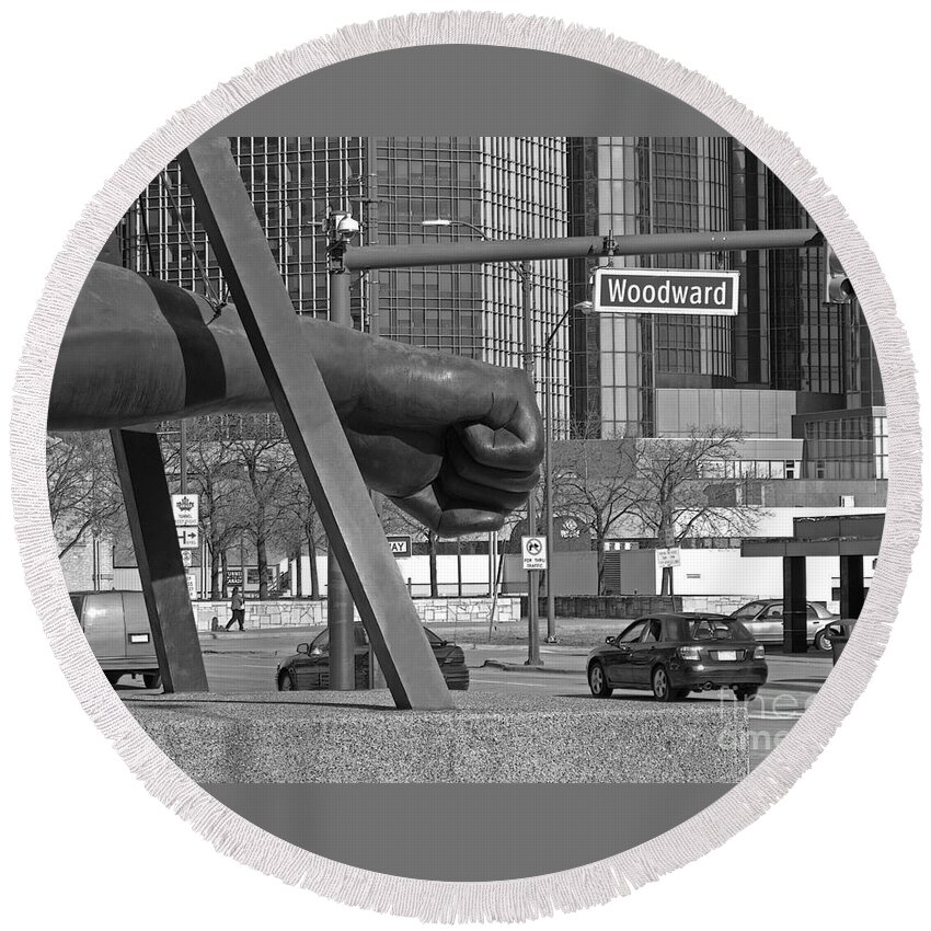 Detroit Round Beach Towel featuring the photograph Homage to Joe Louis bw by Ann Horn