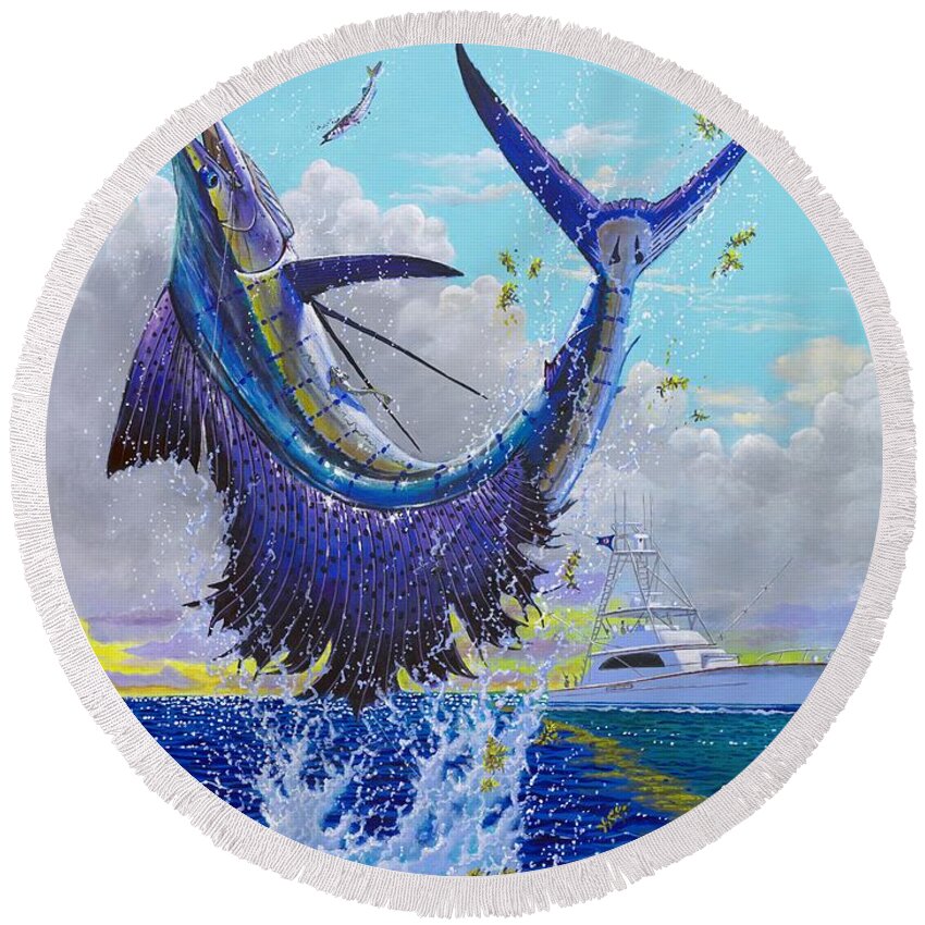 Sailfish Round Beach Towel featuring the painting Hooked Up Off004 by Carey Chen