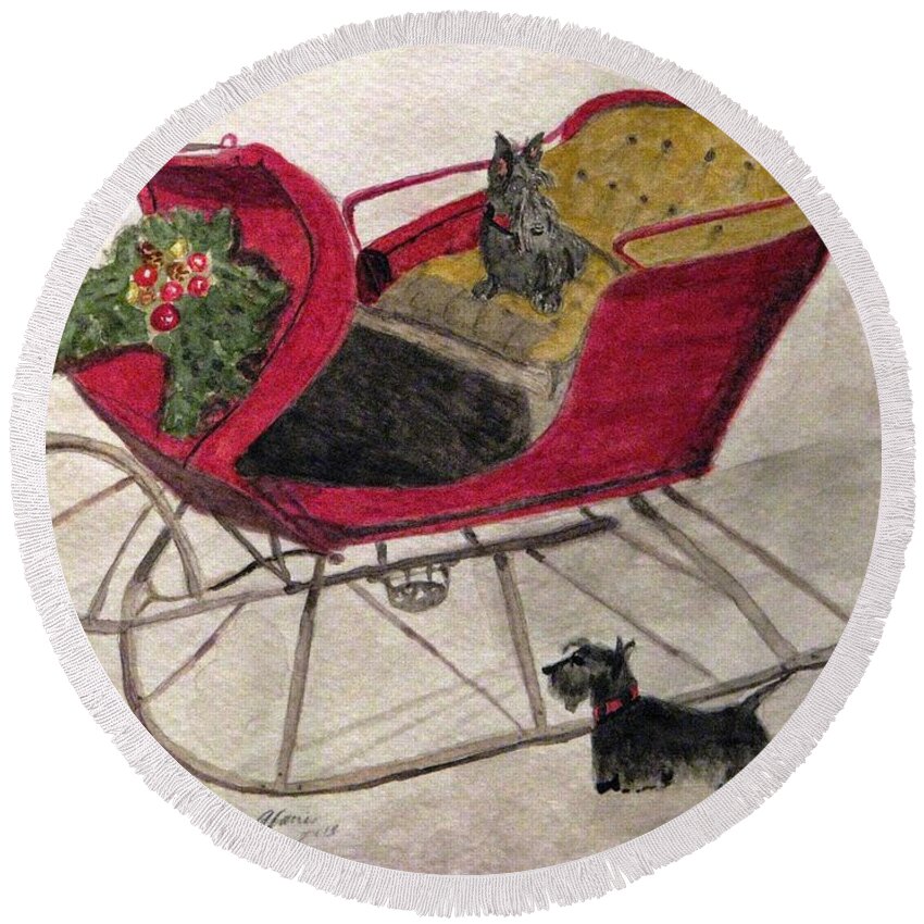Scotties Round Beach Towel featuring the painting Hoping For A Sleigh Ride by Angela Davies