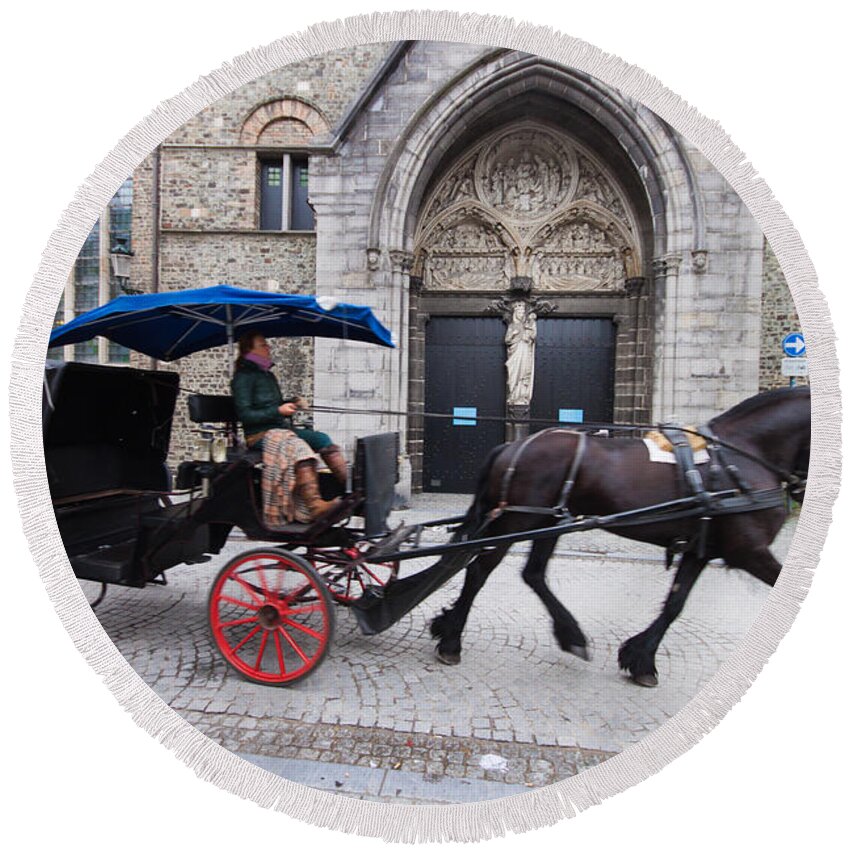 Europe Round Beach Towel featuring the photograph Horse and Buggy Brugge Belgium by Thomas Marchessault