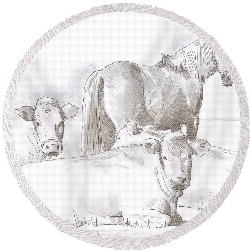 Horse Round Beach Towel featuring the drawing Horse and Cows sketch by Mike Jory