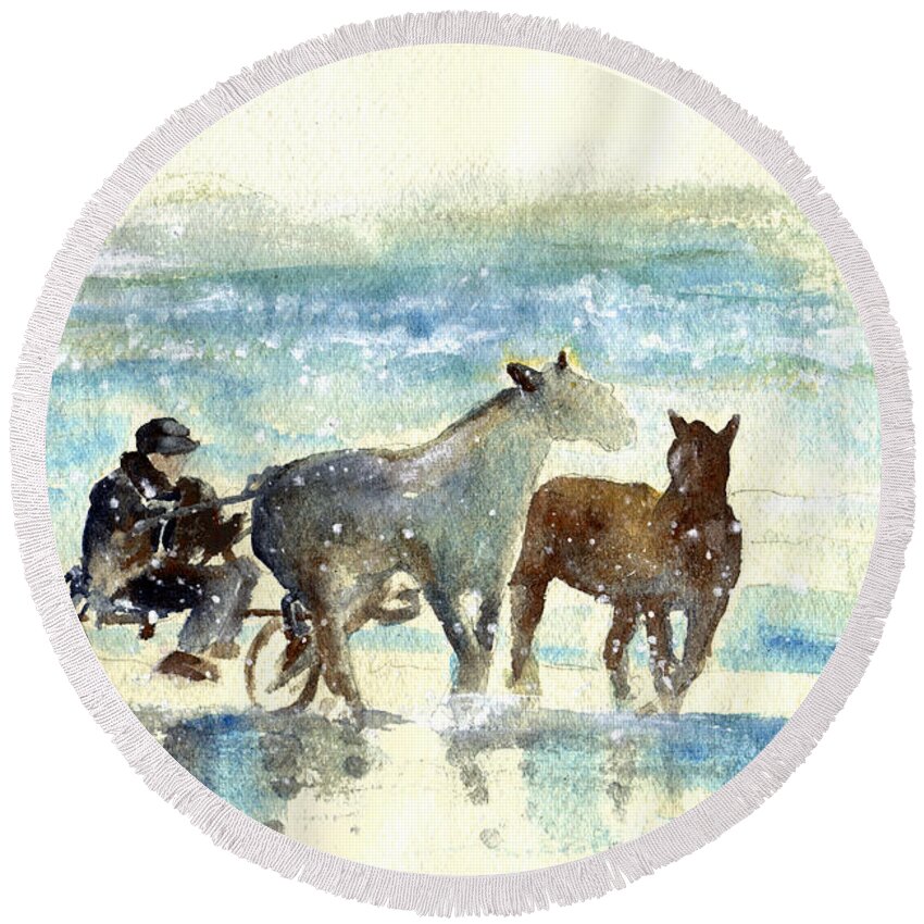 Travel Round Beach Towel featuring the painting Horse Carriage on A Beach in Ireland by Miki De Goodaboom