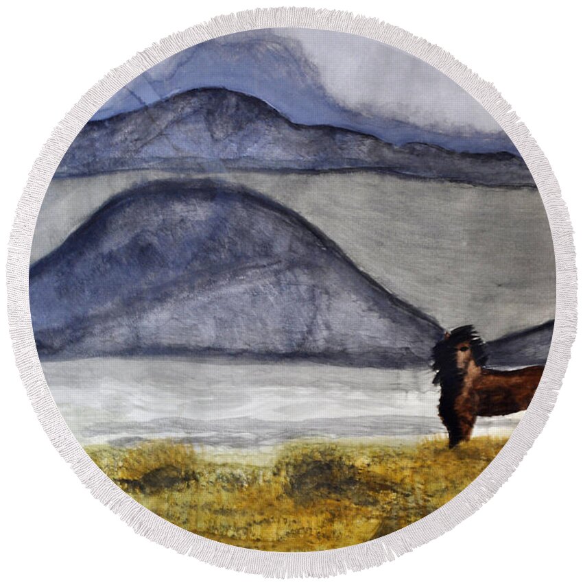 Paintings Round Beach Towel featuring the painting Horse of the Mountains by Verana Stark