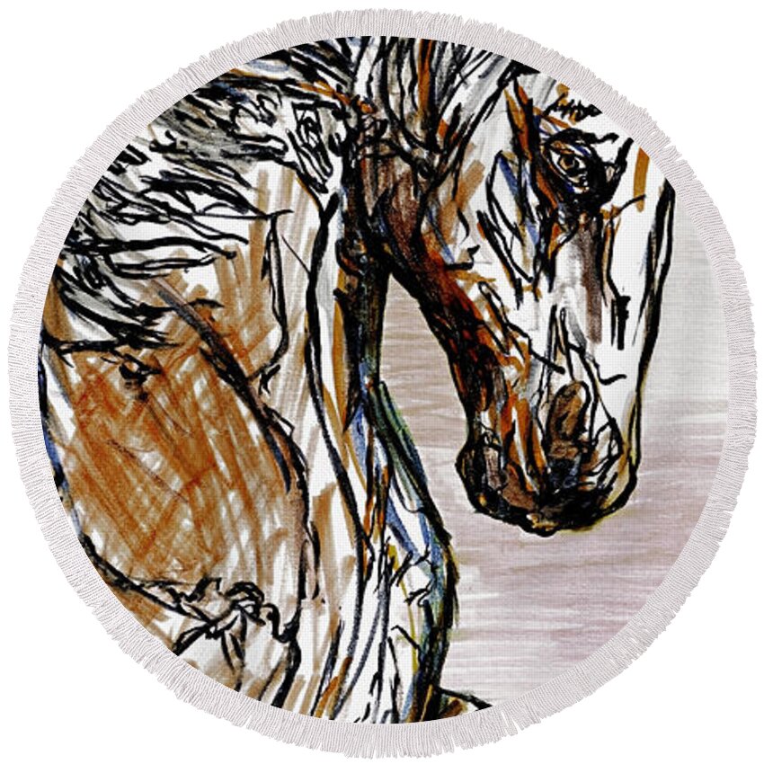 Texas Round Beach Towel featuring the drawing Horse Twins I #1 by Erich Grant