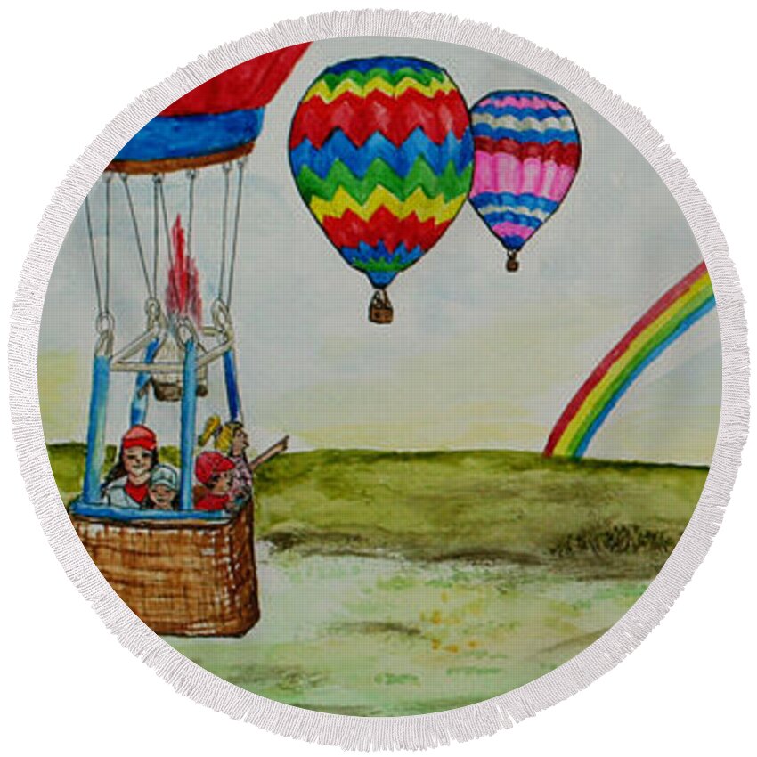 Hot Air Round Beach Towel featuring the painting Hot Air Balloon Rainbow by Janis Lee Colon