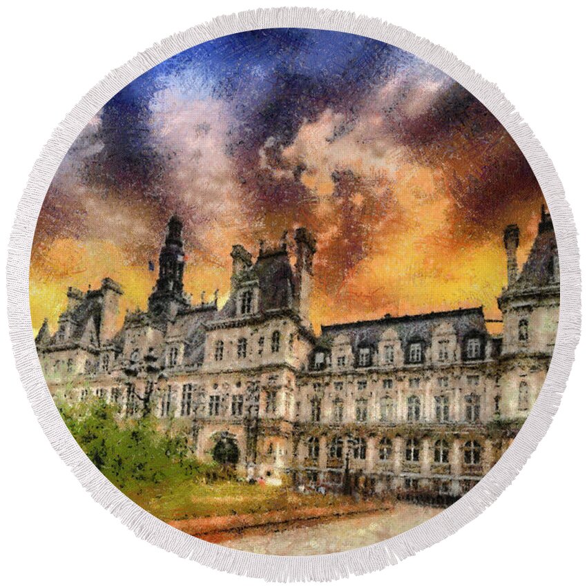 Paris Round Beach Towel featuring the photograph Sunset at the Hotel de Ville by Charmaine Zoe
