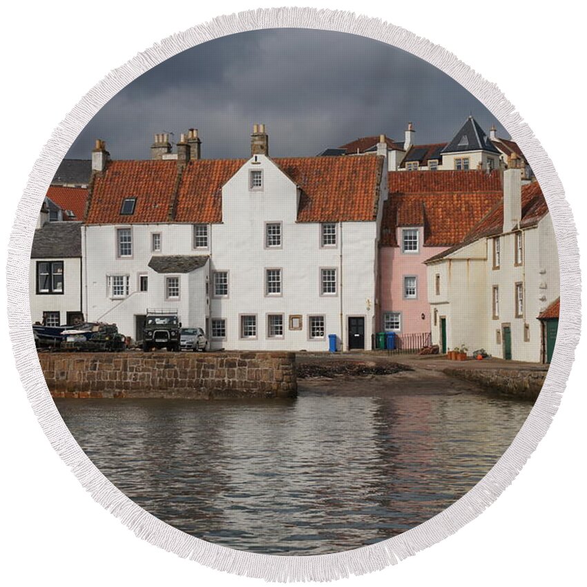 Landscape Round Beach Towel featuring the photograph Houses at Pittenweem harbor by Elena Perelman