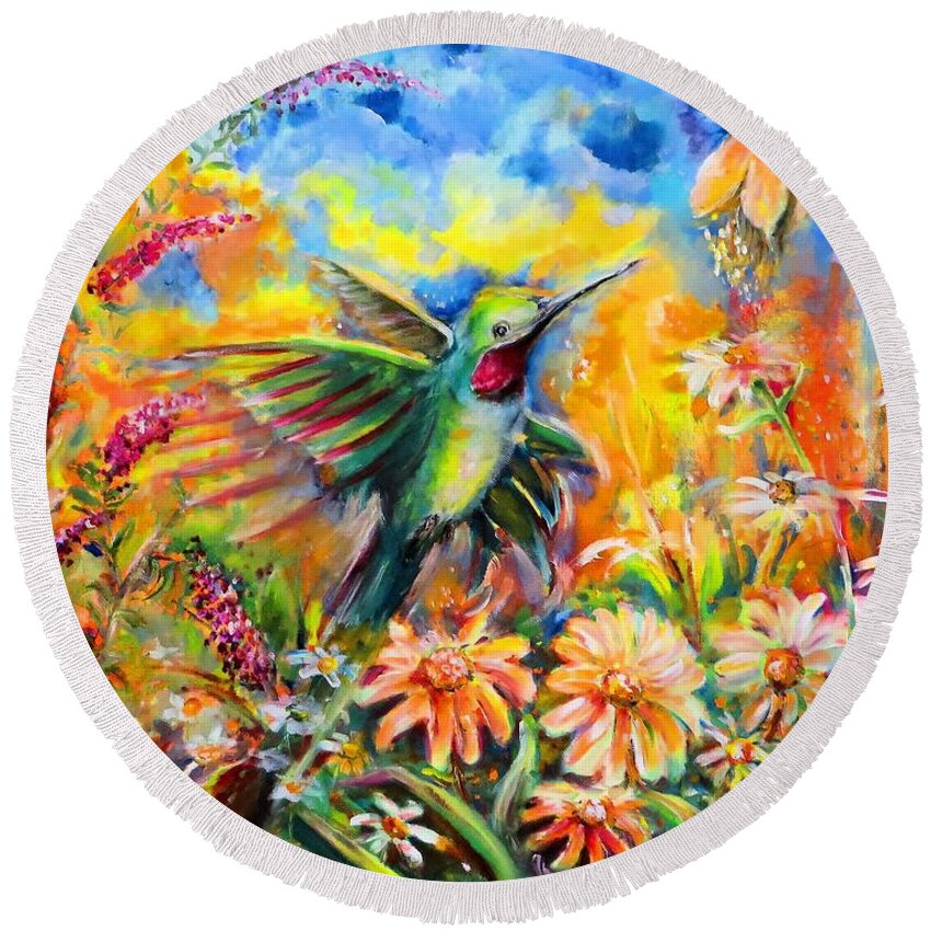 Hummingbird Round Beach Towel featuring the painting Hummingbird by Bernadette Krupa