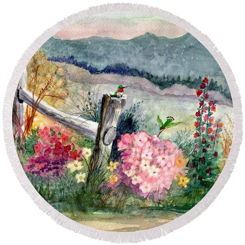 Hummingbirds Round Beach Towel featuring the painting Hummingbird Haven by Marilyn Smith