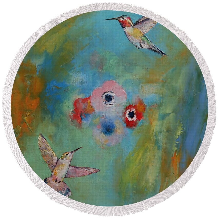 Michael Creese Round Beach Towel featuring the painting Two Hummingbirds by Michael Creese