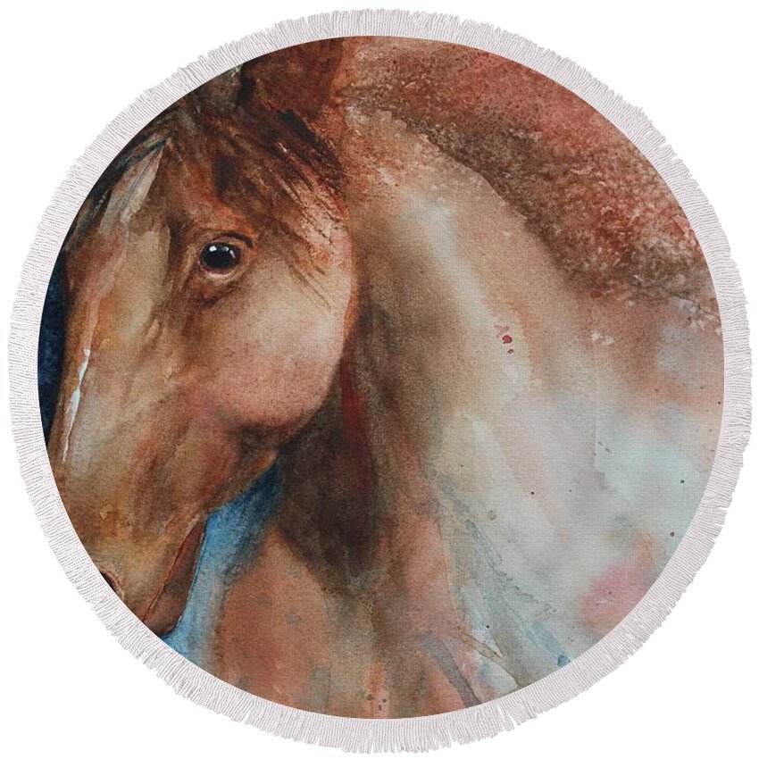 Horse Round Beach Towel featuring the painting Hunter by Ruth Kamenev
