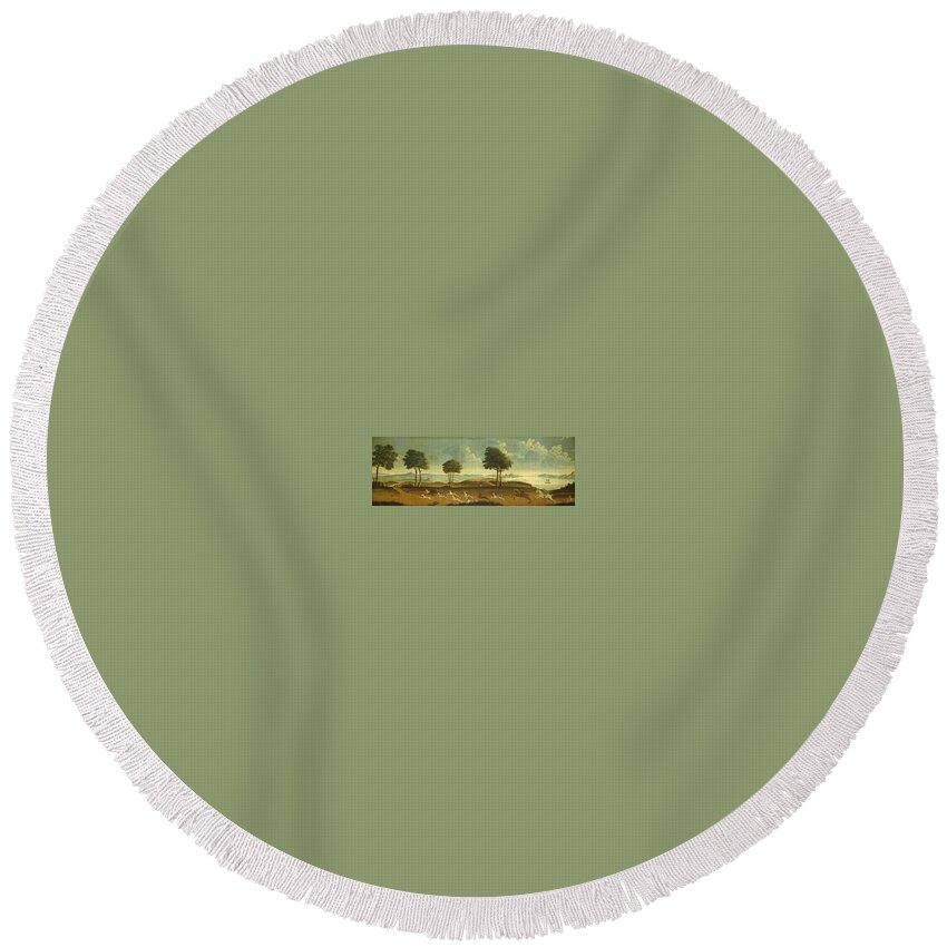 Hunting Scene With A Harbor Round Beach Towel featuring the painting Hunting Scene with a Harbor by MotionAge Designs
