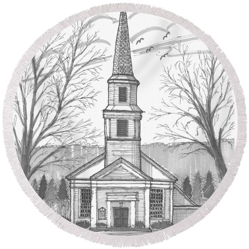 Hurley Church Round Beach Towel featuring the drawing Hurley Reformed Church by Richard Wambach