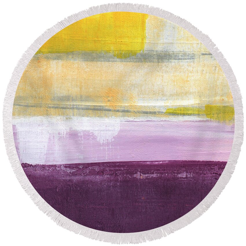 Purple And Yellow Abstract Painting Round Beach Towel featuring the painting Hydrangea Two - abstract painting by Linda Woods