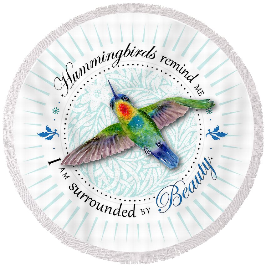 Bird Round Beach Towel featuring the painting I am surrounded by beauty by Amy Kirkpatrick
