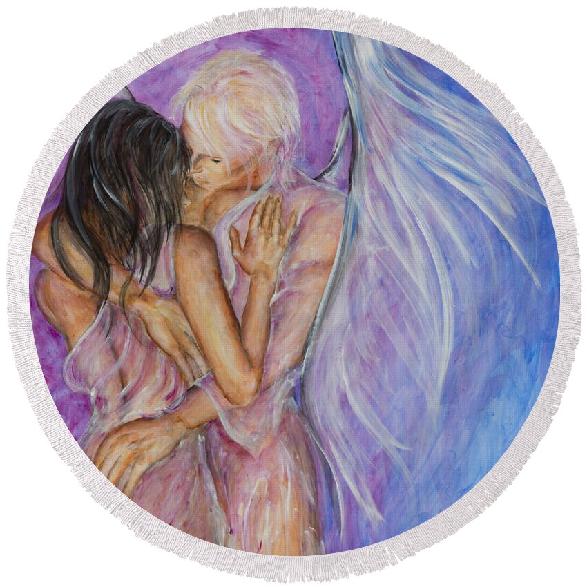 Angel Lovers Round Beach Towel featuring the painting I Believed In You by Nik Helbig