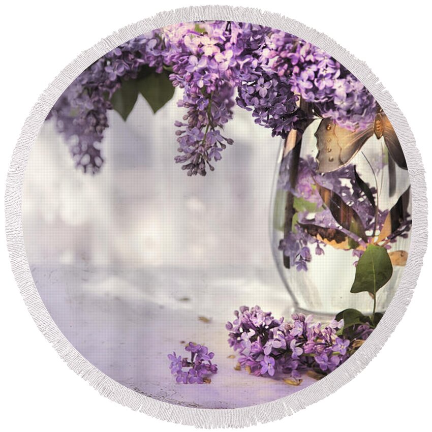 Lilacs Round Beach Towel featuring the photograph I Picked A Bouquet Of Lilacs Today by Theresa Tahara