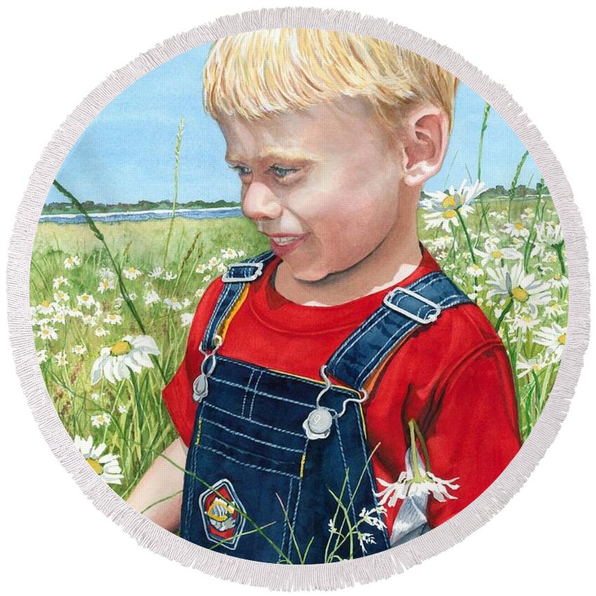 Child Round Beach Towel featuring the painting Ian's Field of Dreams by Barbara Jewell