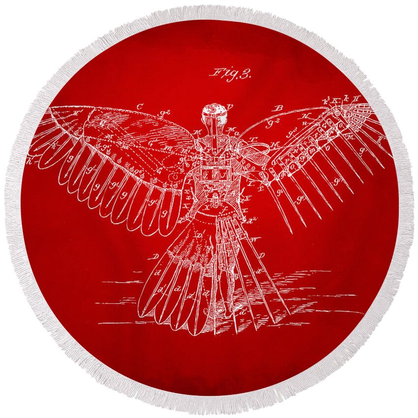 Patent Round Beach Towel featuring the digital art Icarus Human Flight Patent Artwork Red by Nikki Marie Smith